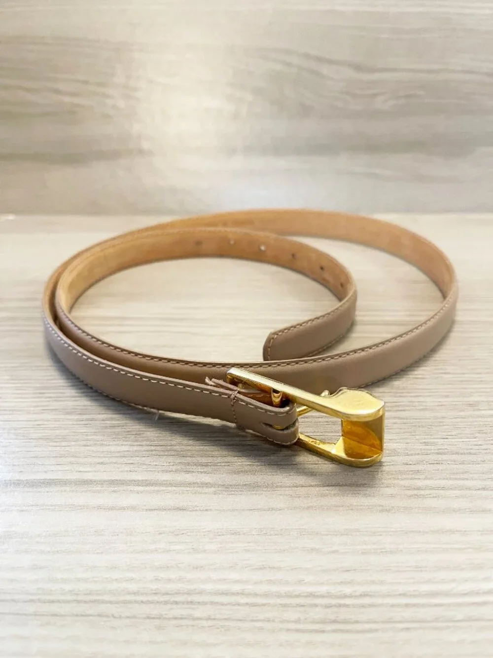 Woodward Genuine Leather Tan/ Beige Skinny Belt Gold Buckle XXL Vintage